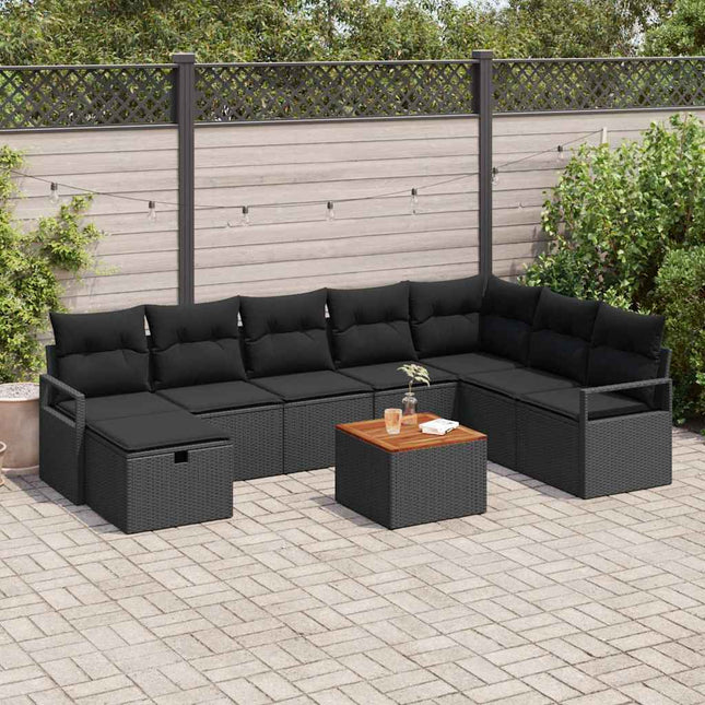 Havesofa Sæt med pude med opbevaring 9 pcs Sort Poly rattan
