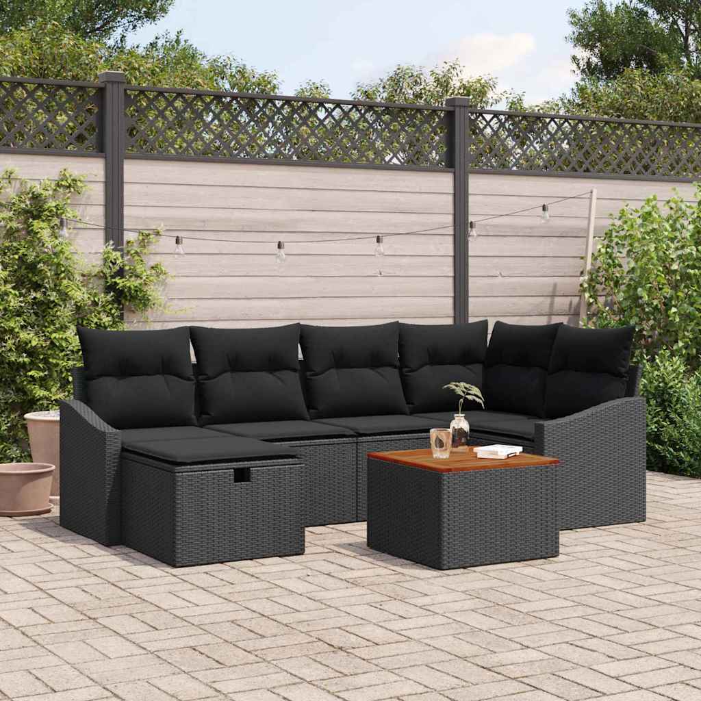 Havesofa Sæt med pude med opbevaring 7 pcs Sort Poly rattan