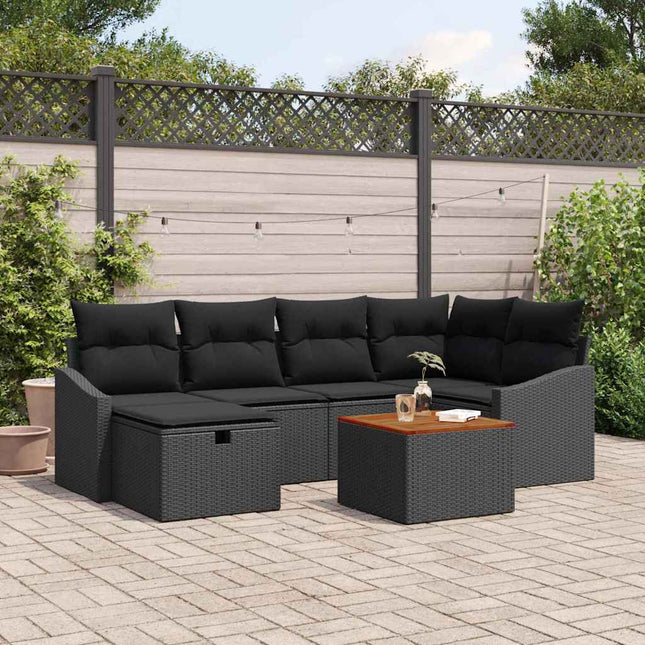 Havesofa Sæt med pude med opbevaring 7 pcs Sort Poly rattan