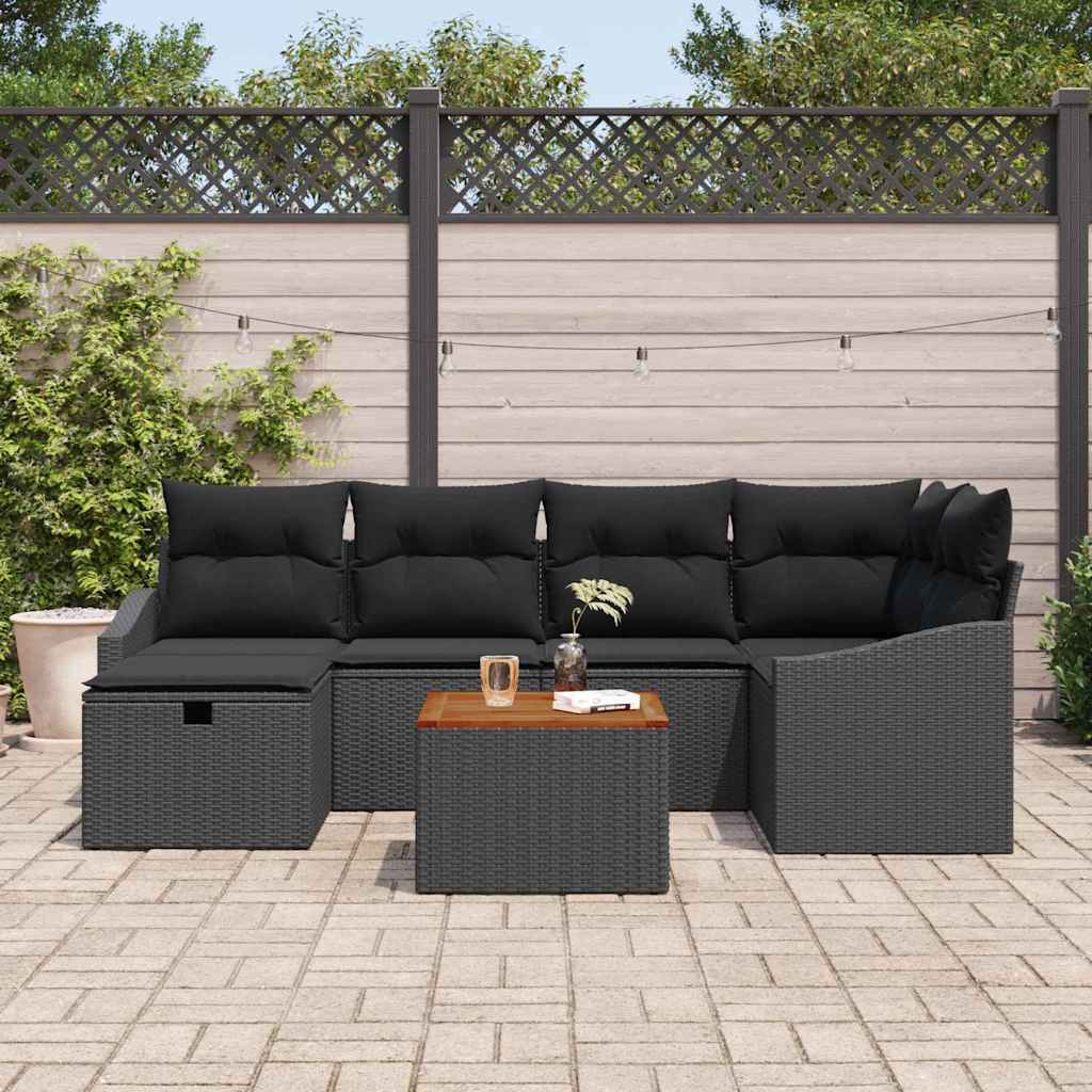 Havesofa Sæt med pude med opbevaring 7 pcs Sort Poly rattan