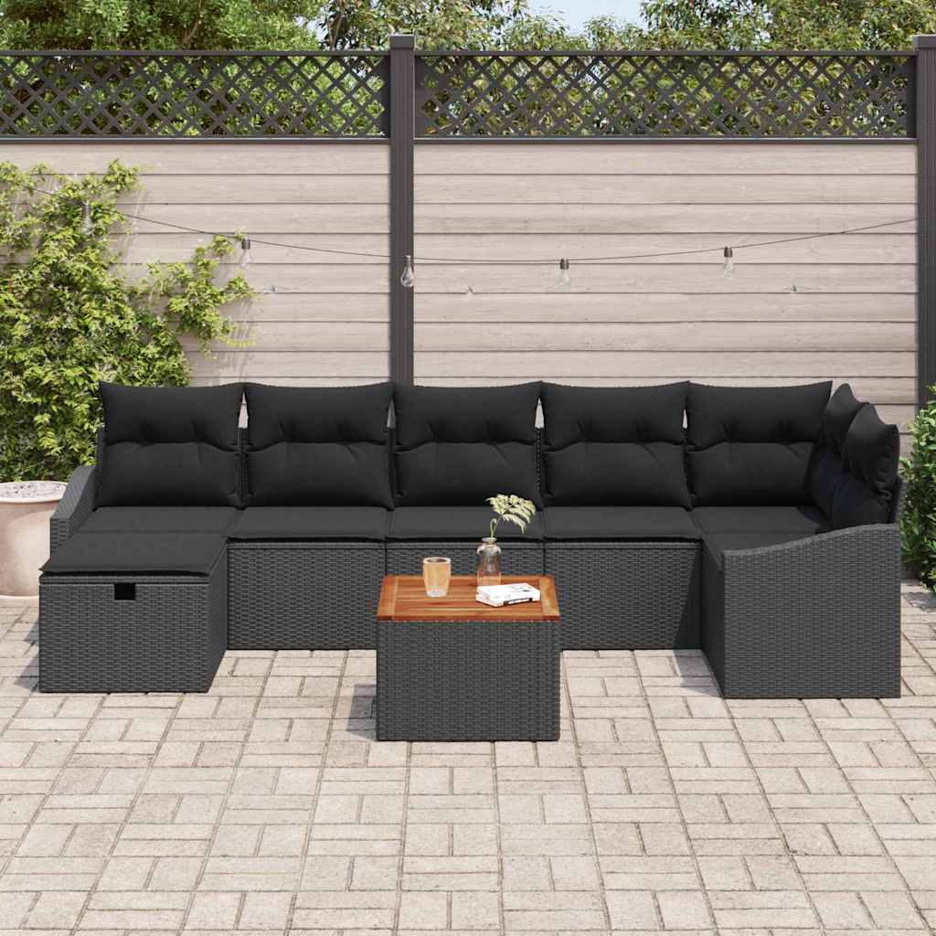 Havesofa Sæt med pude med opbevaring 8 pcs Sort Poly rattan