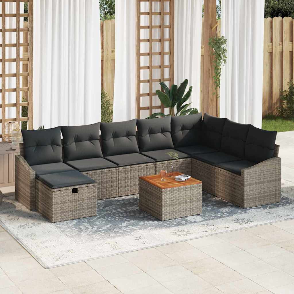 Havesofa Sæt med pude med opbevaring 9 pcs Grå Poly rattan