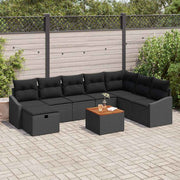 Havesofa Sæt med pude med opbevaring 9 pcs Sort Poly rattan