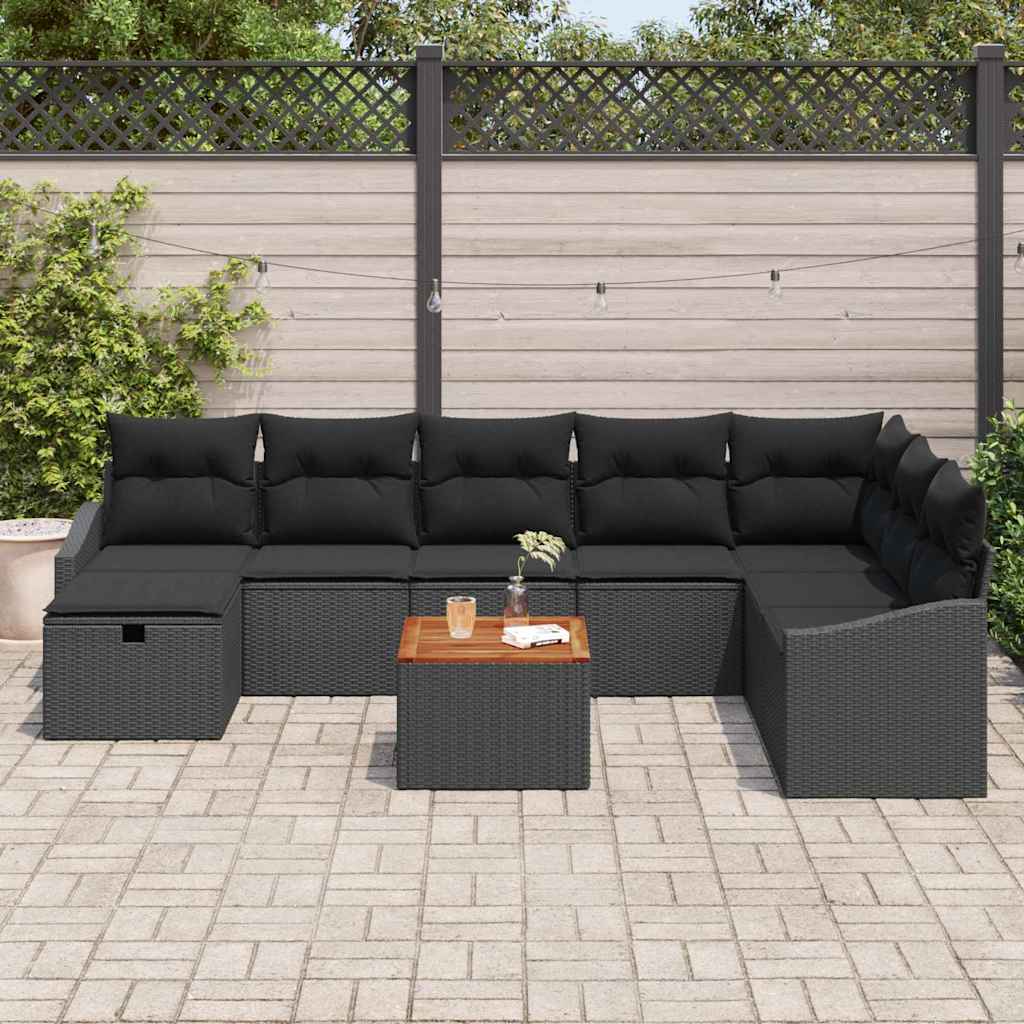 Havesofa Sæt med pude med opbevaring 9 pcs Sort Poly rattan