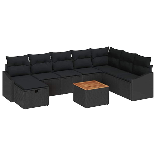 Havesofa Sæt med pude med opbevaring 9 pcs Sort Poly rattan