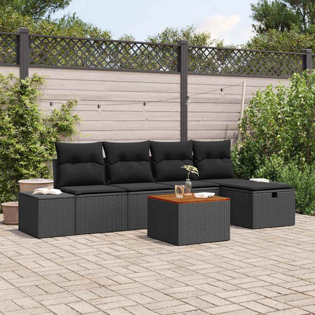 Havesofa Sæt med pude med opbevaring 6 pcs Sort Poly rattan