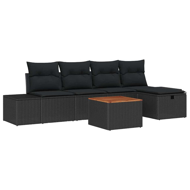 Havesofa Sæt med pude med opbevaring 6 pcs Sort Poly rattan