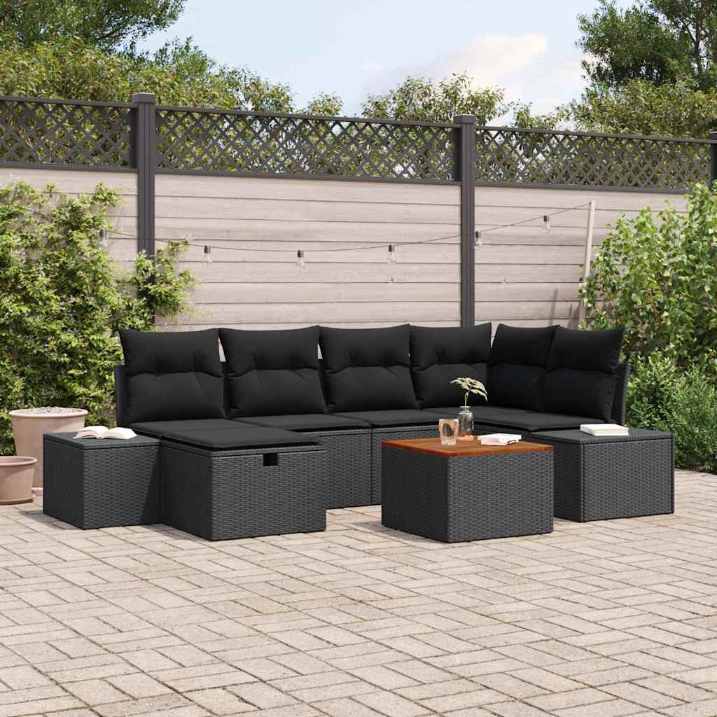 Havesofa Sæt med pude med opbevaring 7 pcs Sort Poly rattan