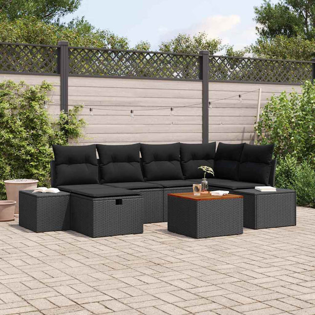 Havesofa Sæt med pude med opbevaring 7 pcs Sort Poly rattan