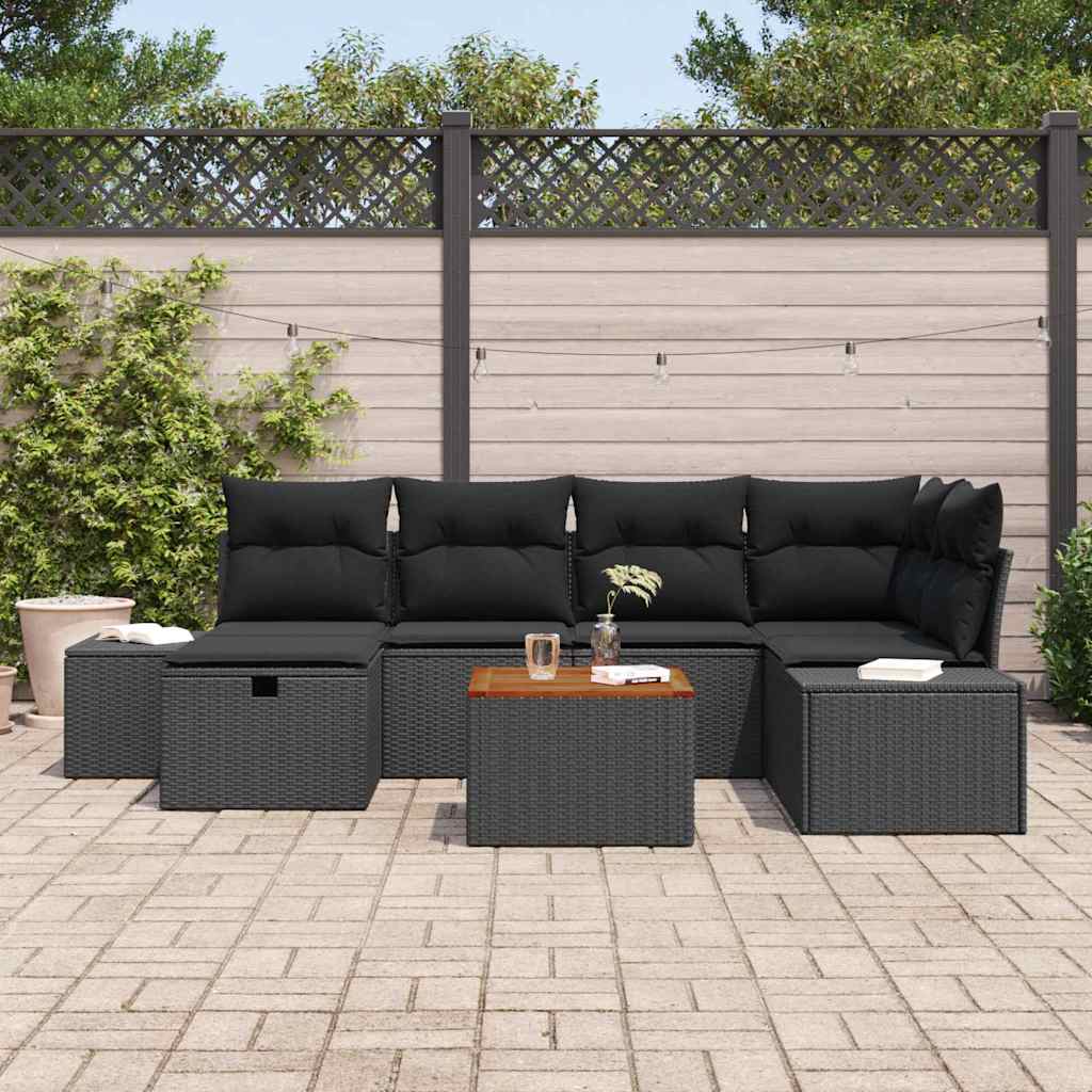 Havesofa Sæt med pude med opbevaring 7 pcs Sort Poly rattan