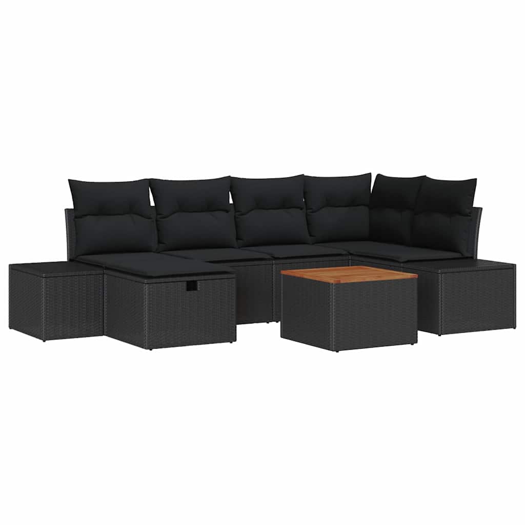 Havesofa Sæt med pude med opbevaring 7 pcs Sort Poly rattan