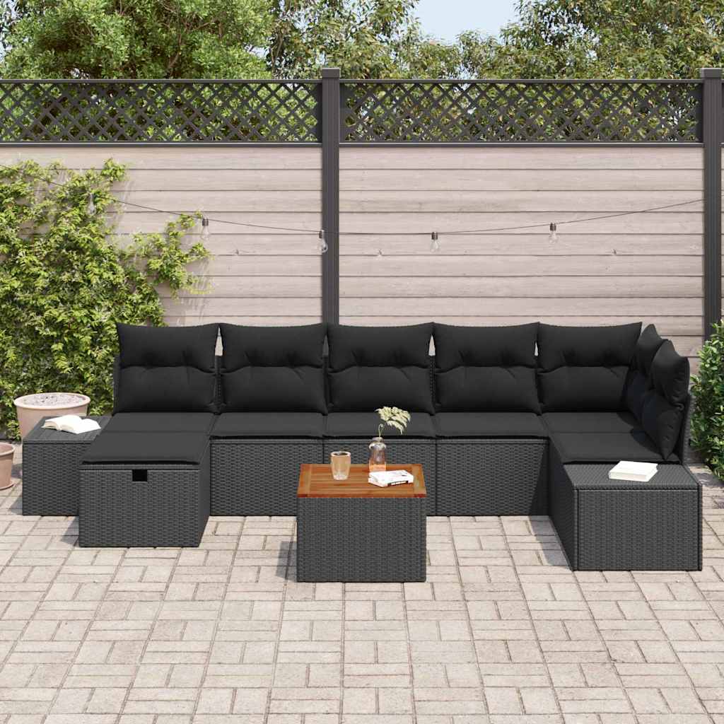 Havesofa Sæt med pude med opbevaring 8 pcs Sort Poly rattan