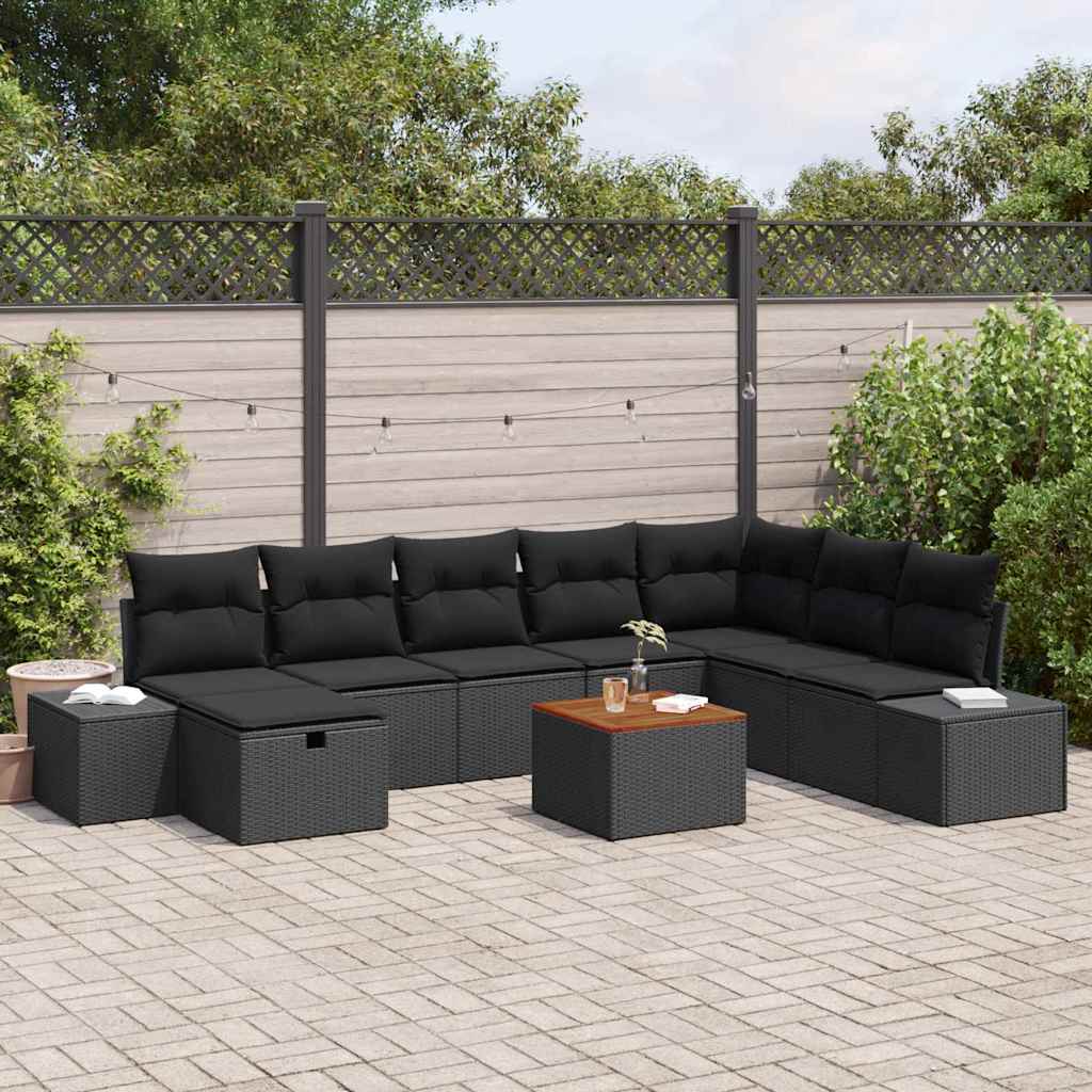 Havesofa Sæt med pude med opbevaring 9 pcs Sort Poly rattan