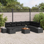 Havesofa Sæt med pude med opbevaring 9 pcs Sort Poly rattan