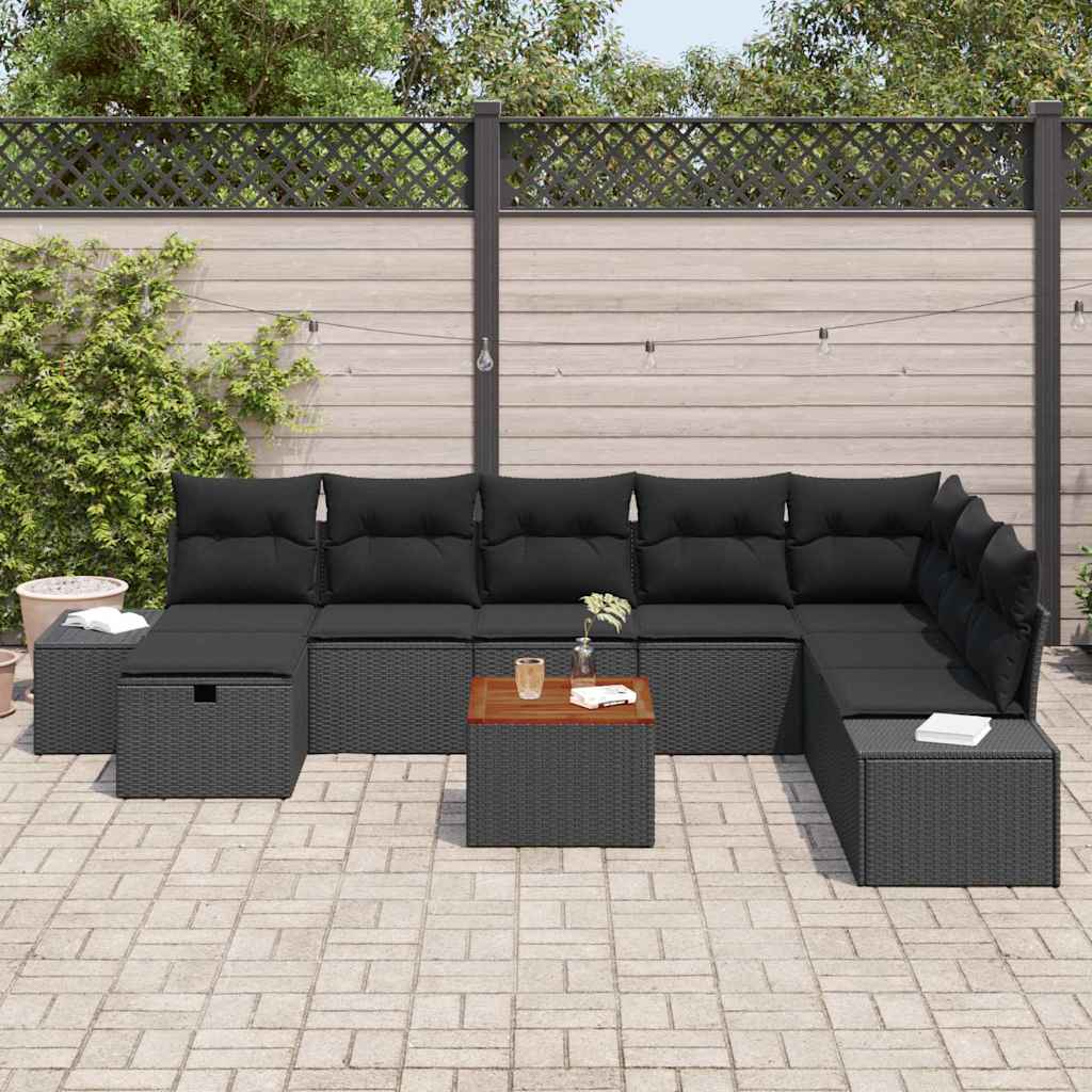 Havesofa Sæt med pude med opbevaring 9 pcs Sort Poly rattan