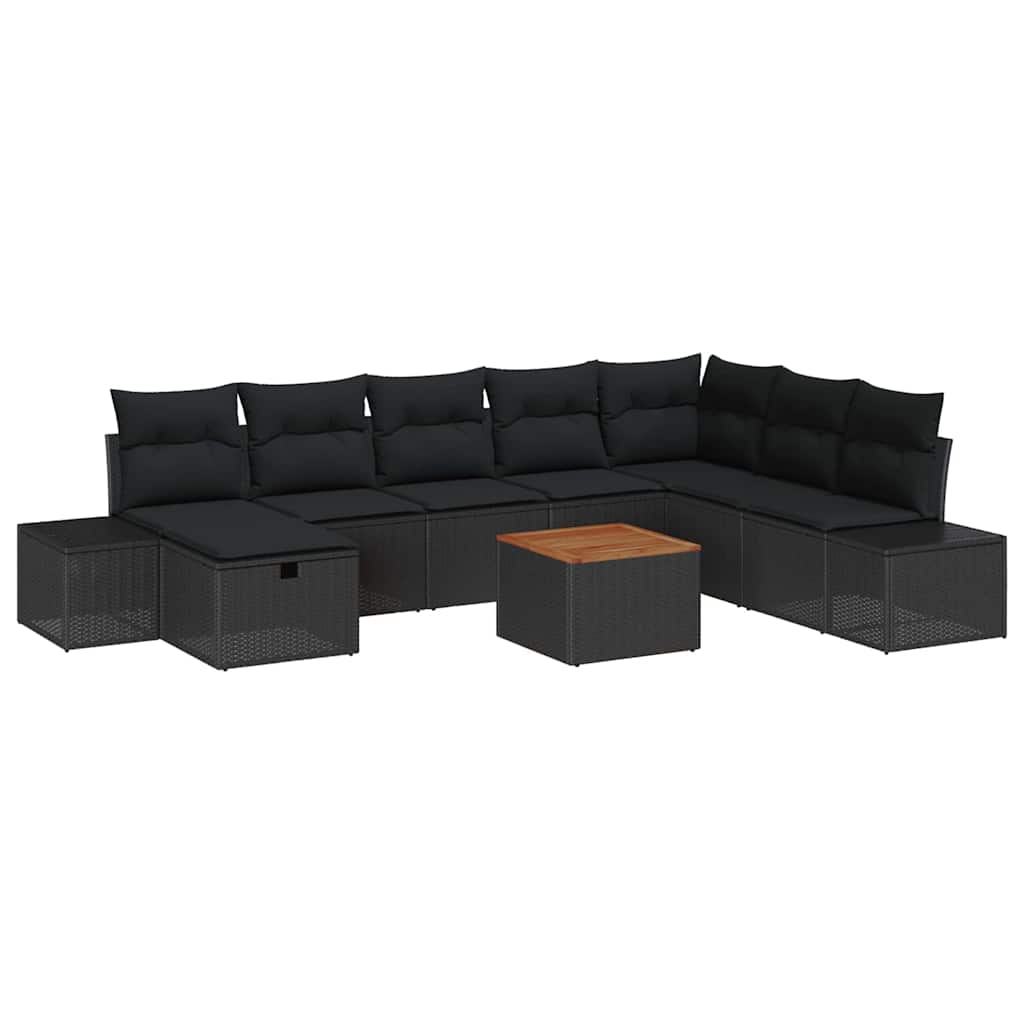 Havesofa Sæt med pude med opbevaring 9 pcs Sort Poly rattan