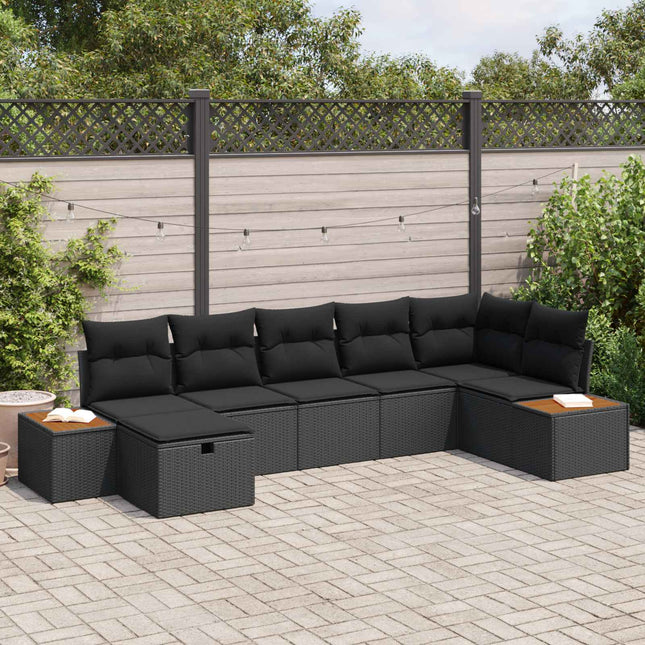 Havesofa Sæt med pude 7 pcs Sort Poly rattan