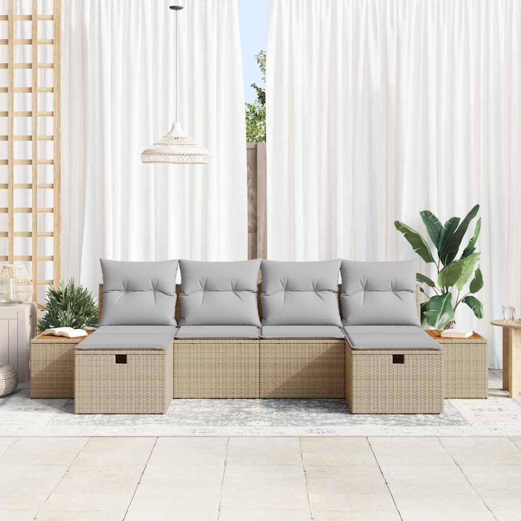 Havesofa Sæt med pude med opbevaring 6 pcs Beige polyrattan