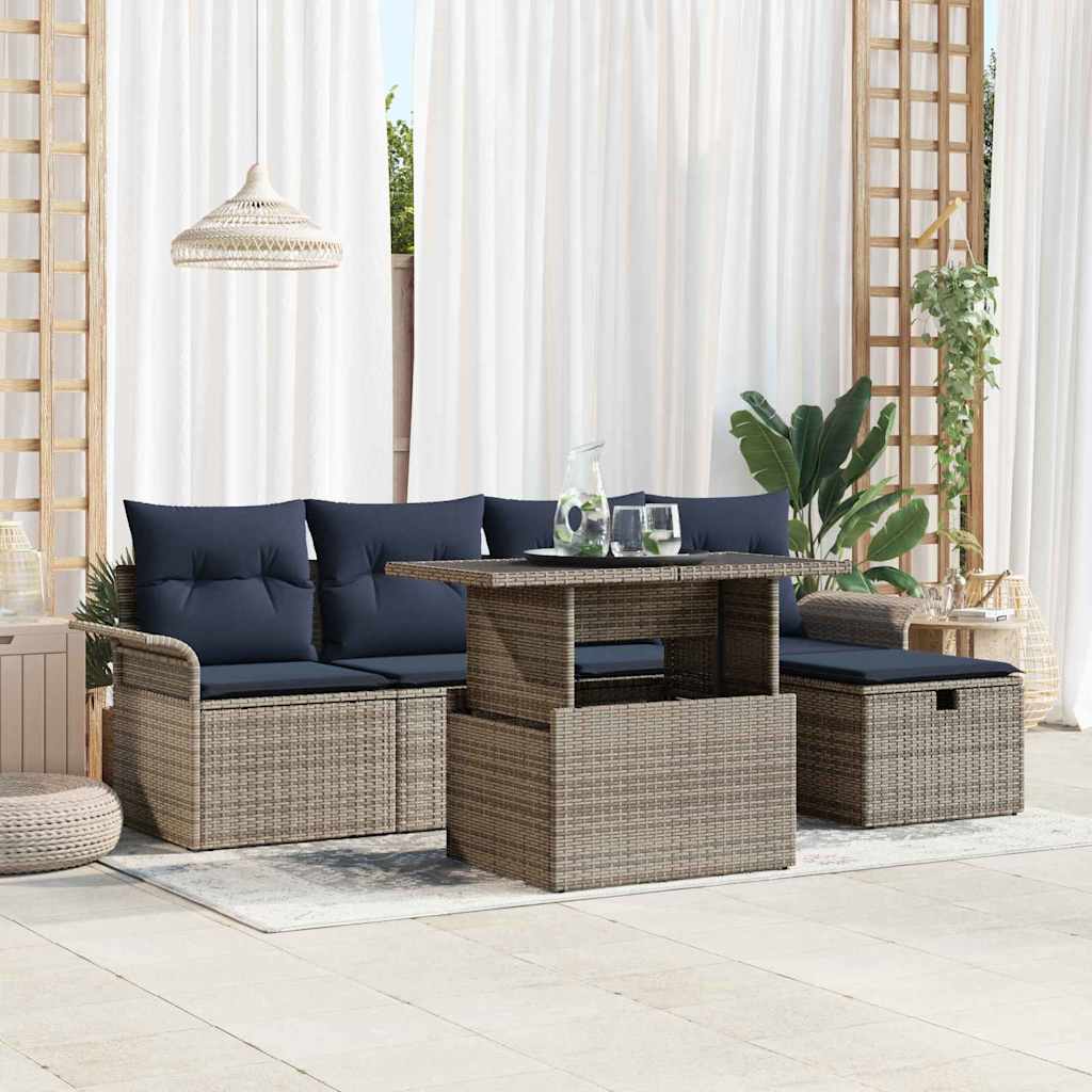 Havesofa Sæt med pude med opbevaring 6 pcs Grå polyrattan