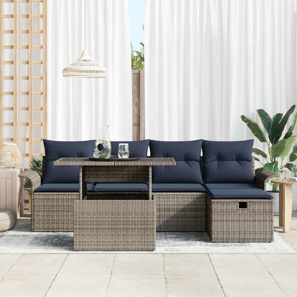 Havesofa Sæt med pude med opbevaring 6 pcs Grå polyrattan