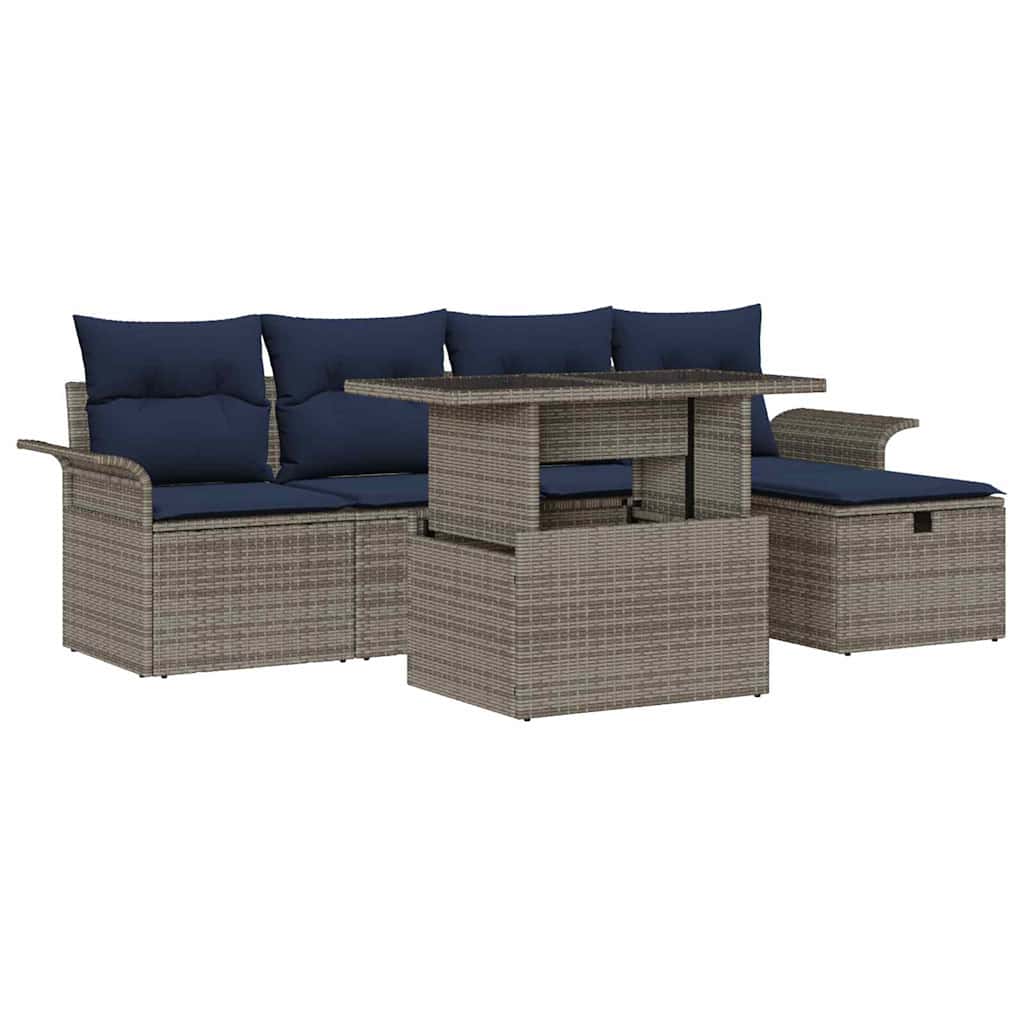 Havesofa Sæt med pude med opbevaring 6 pcs Grå polyrattan