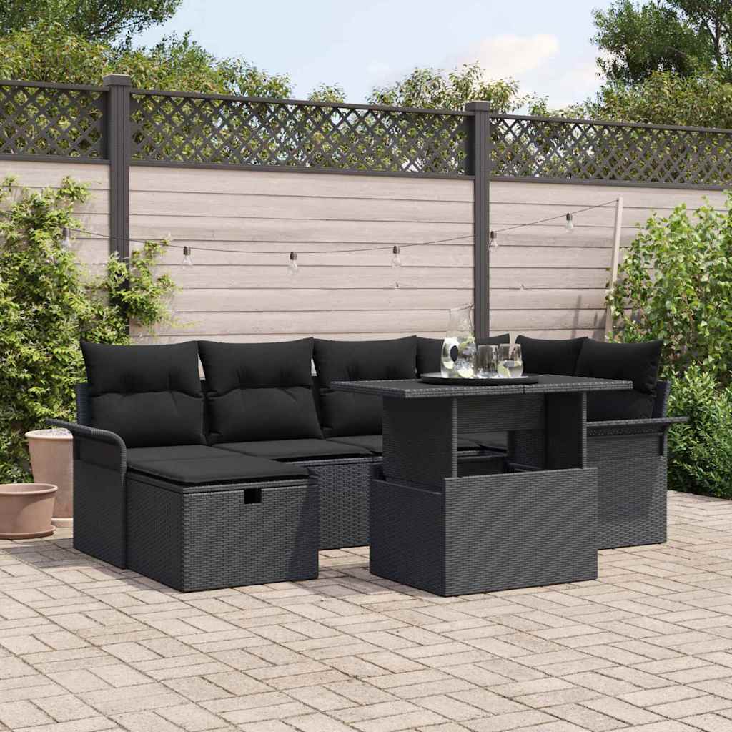Havesofa Sæt med pude med opbevaring 7 pcs Sort Poly rattan