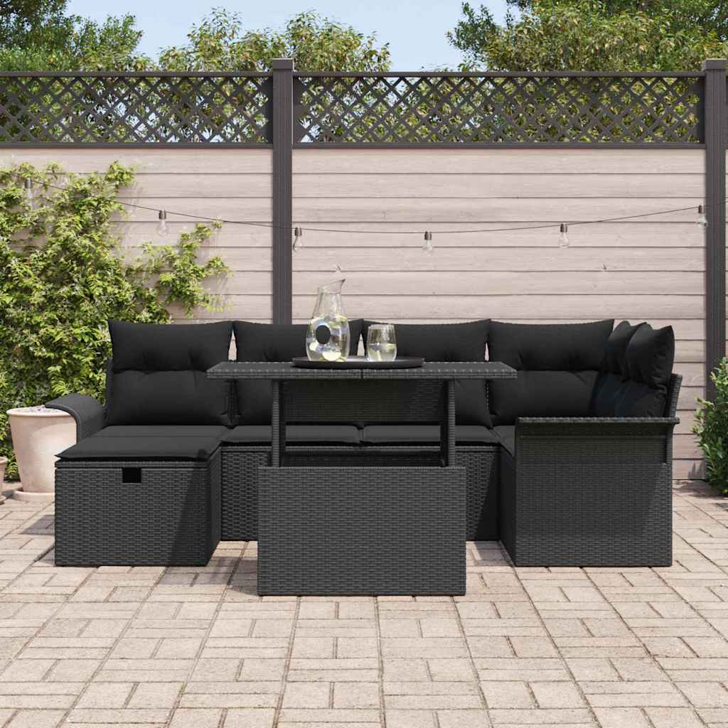 Havesofa Sæt med pude med opbevaring 7 pcs Sort Poly rattan
