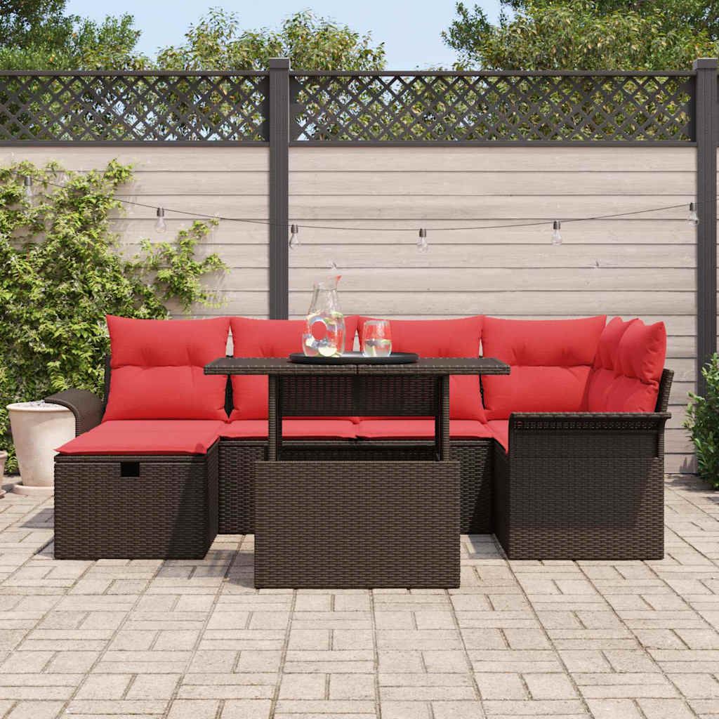 Havesofa Sæt med pude med opbevaring 7 pcs Brun Poly rattan