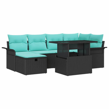 Havesofa Sæt med pude med opbevaring 7 pcs Sort Poly rattan