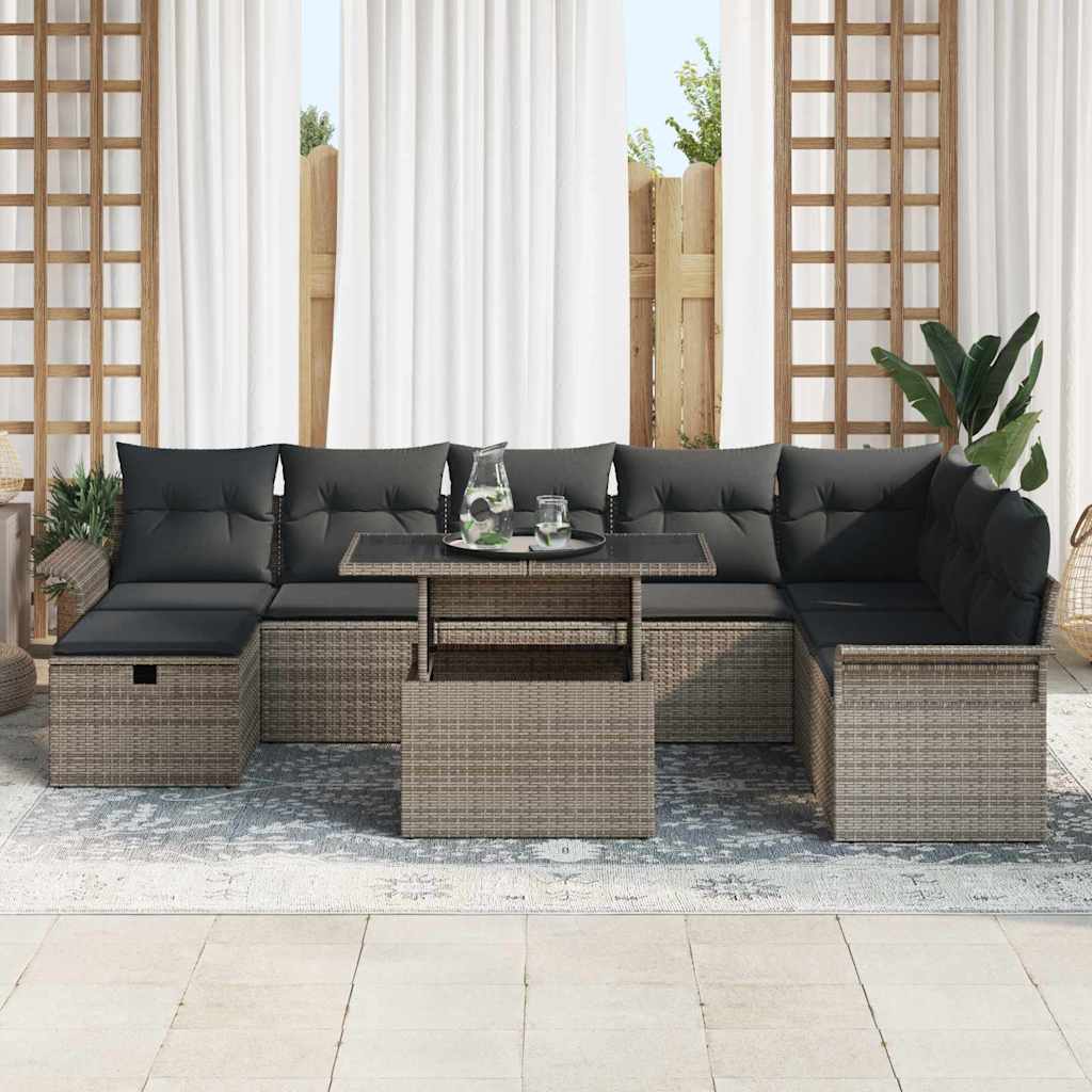 Havesofa Sæt med pude med opbevaring 9 pcs Grå Poly rattan