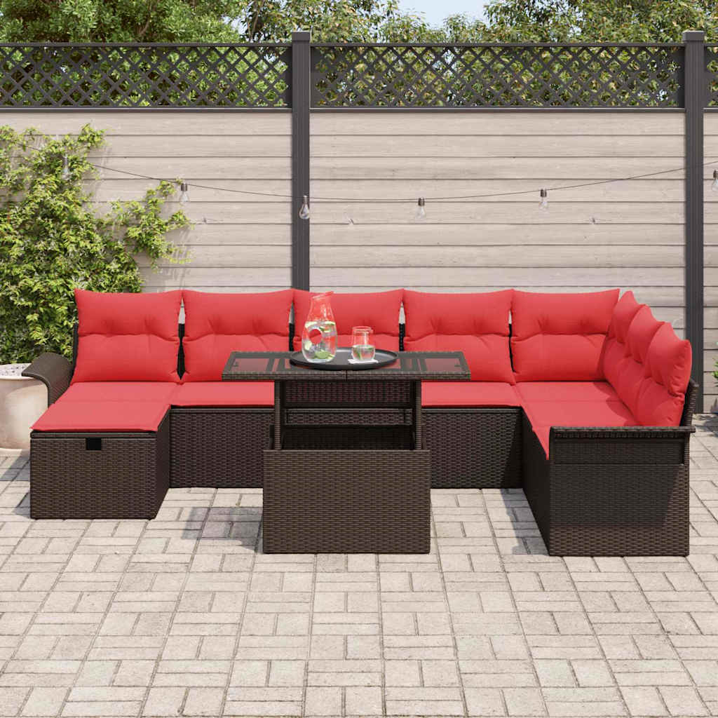 Havesofa Sæt med pude med opbevaring 9 pcs Brun Poly rattan