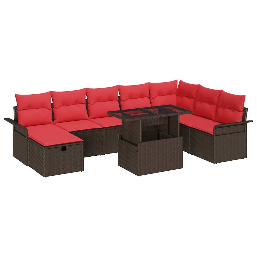 Havesofa Sæt med pude med opbevaring 9 pcs Brun Poly rattan