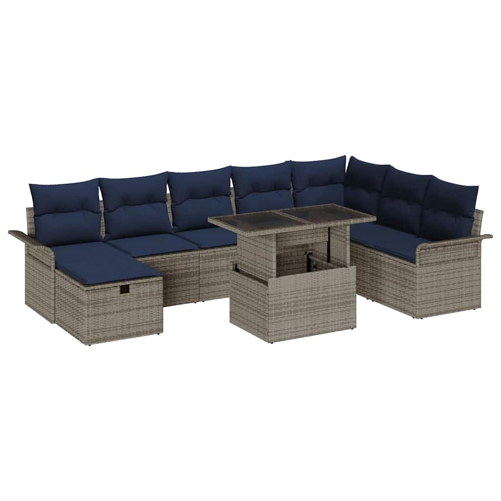 Havesofa Sæt med pude med opbevaring 9 pcs Grå Poly rattan