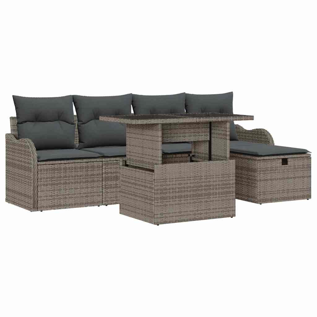 Havesofa Sæt med pude med opbevaring 6 pcs Grå Poly rattan
