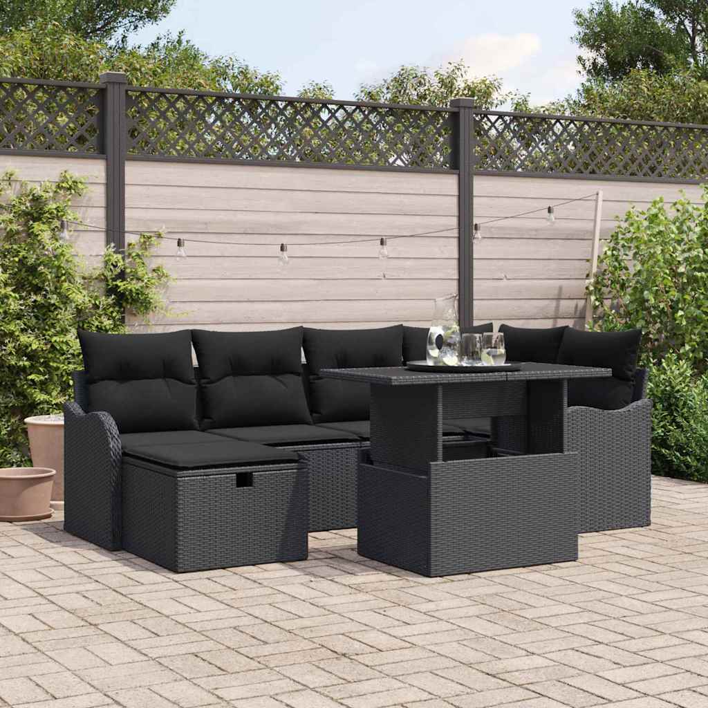 Havesofa Sæt med pude med opbevaring 7 pcs Sort Poly rattan