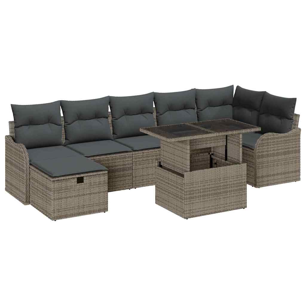 Havesofa Sæt med pude med opbevaring 8 pcs Grå Poly rattan