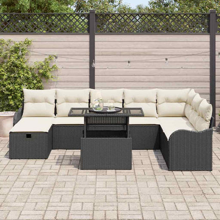 Havesofa Sæt med pude med opbevaring 9 pcs Sort Poly rattan