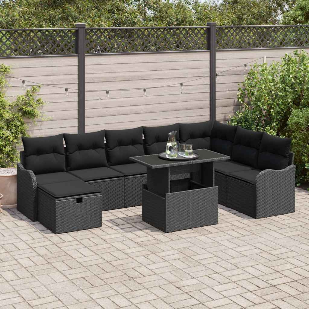 Havesofa Sæt med pude med opbevaring 9 pcs Sort Poly rattan
