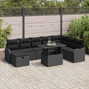 Havesofa Sæt med pude med opbevaring 9 pcs Sort Poly rattan
