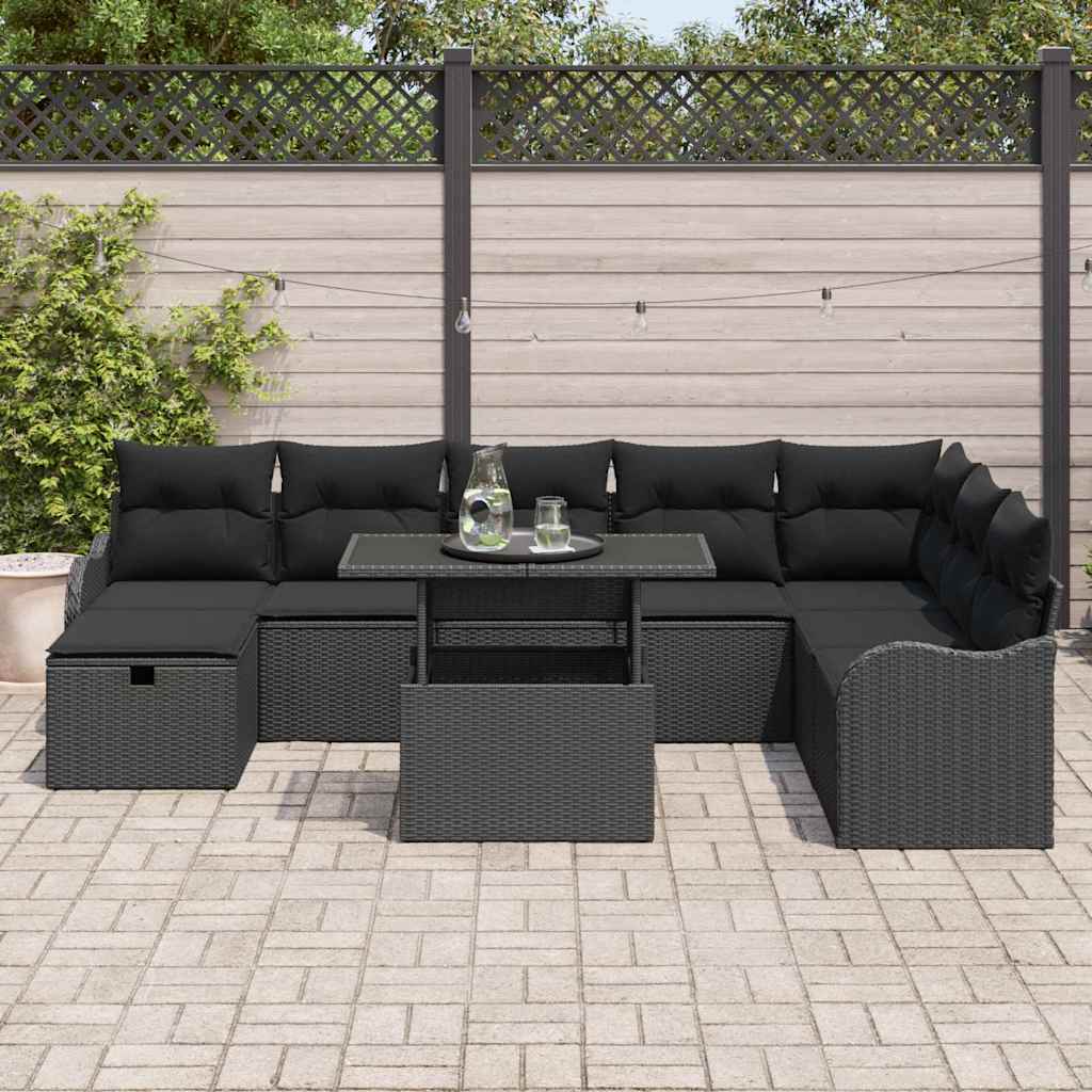 Havesofa Sæt med pude med opbevaring 9 pcs Sort Poly rattan