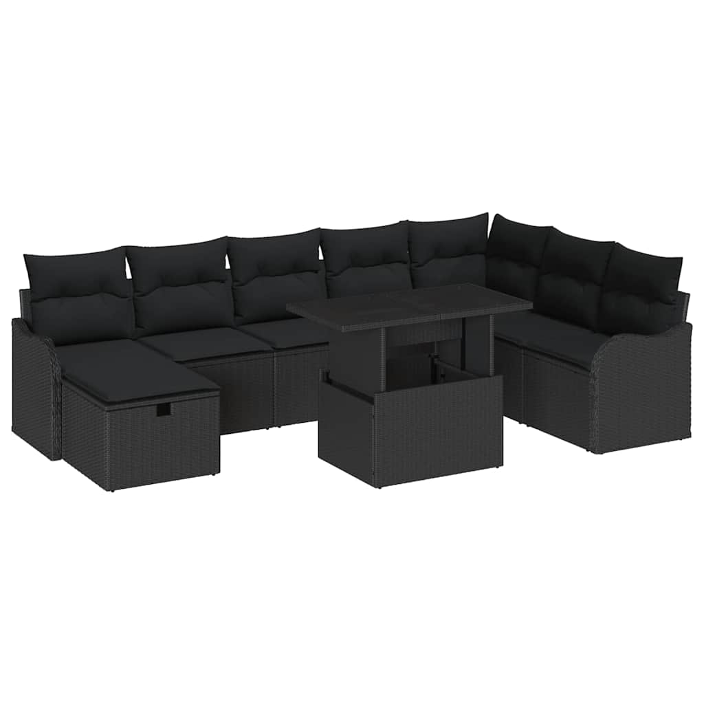 Havesofa Sæt med pude med opbevaring 9 pcs Sort Poly rattan