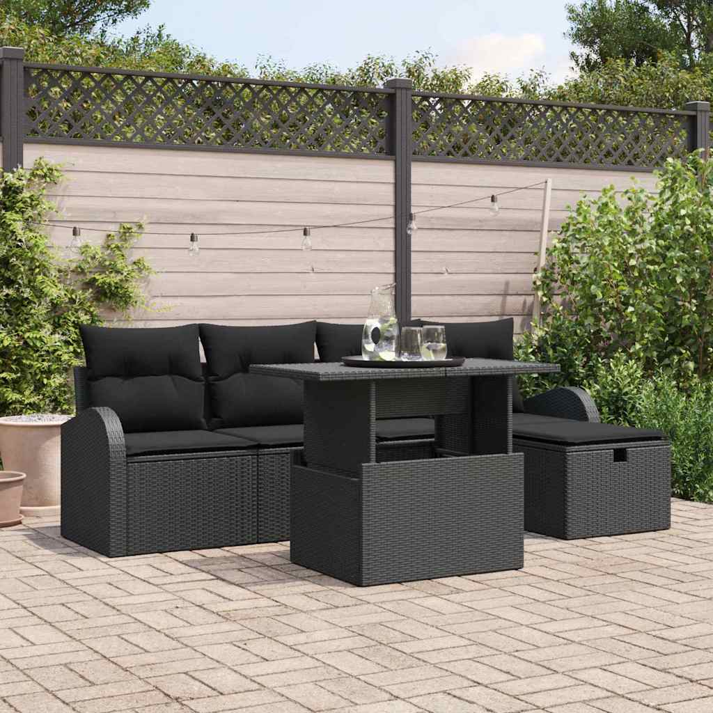 Havesofa Sæt med pude med opbevaring 6 pcs Sort Poly rattan