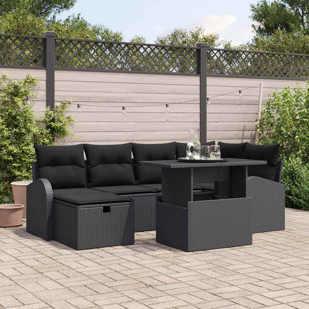 Havesofa Sæt med pude med opbevaring 7 pcs Sort Poly rattan