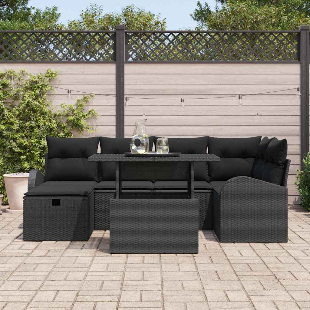 Havesofa Sæt med pude med opbevaring 7 pcs Sort Poly rattan