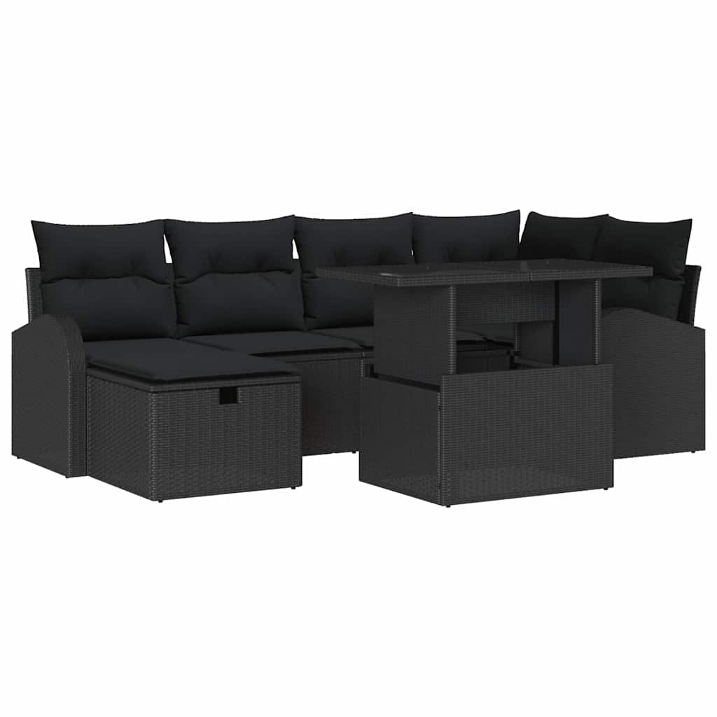 Havesofa Sæt med pude med opbevaring 7 pcs Sort Poly rattan