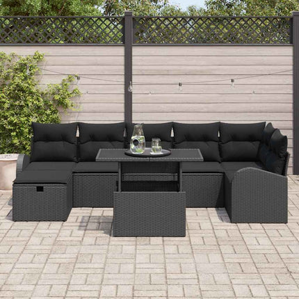 Havesofa Sæt med pude med opbevaring 8 pcs Sort Poly rattan