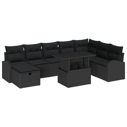Havesofa Sæt med pude med opbevaring 9 pcs Sort Poly rattan