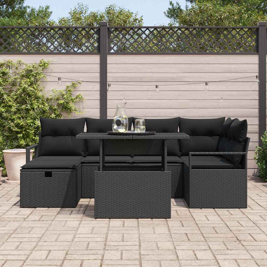 Havesofa Sæt med pude med opbevaring 7 pcs Sort Poly rattan