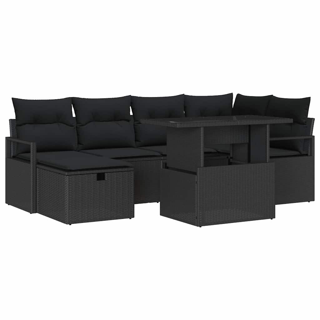 Havesofa Sæt med pude med opbevaring 7 pcs Sort Poly rattan