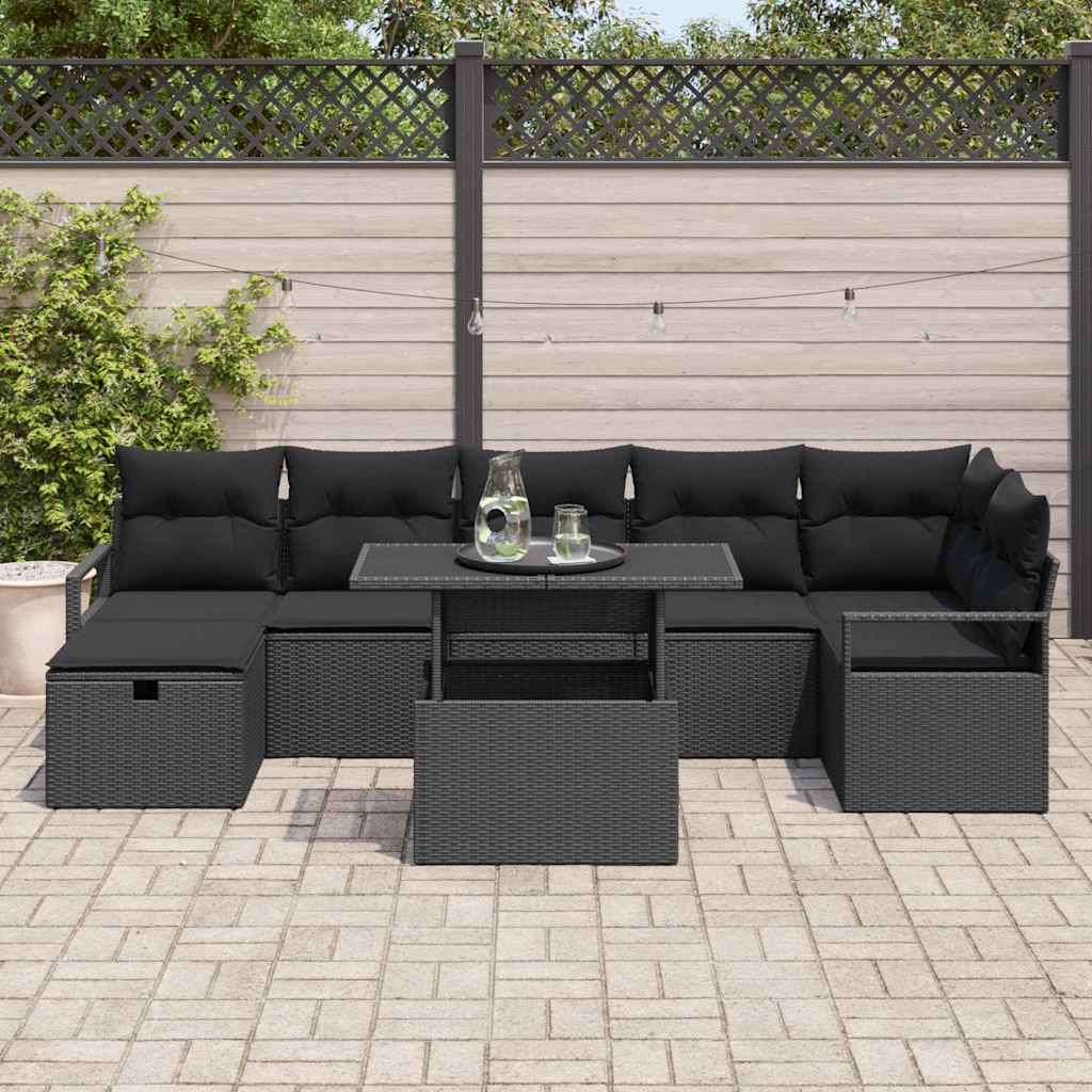 Havesofa Sæt med pude med opbevaring 8 pcs Sort Poly rattan
